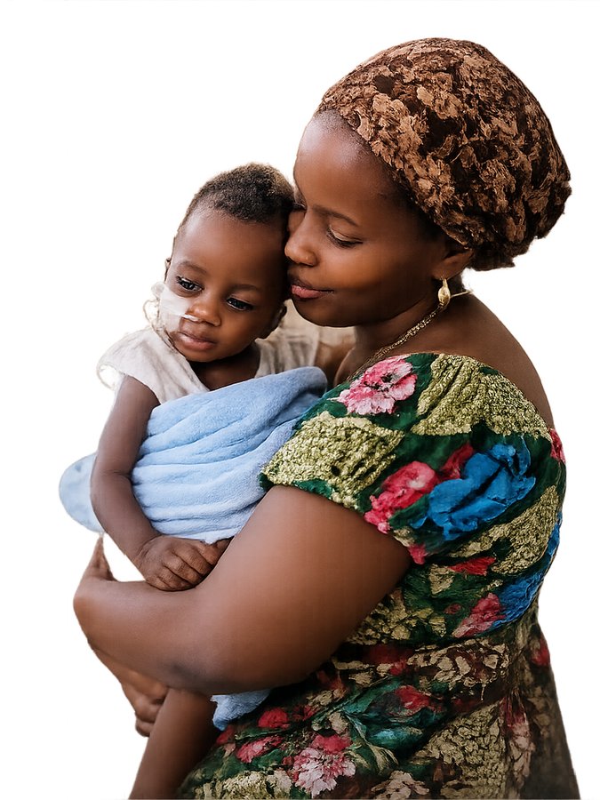 A mother tenderly holds her baby, who is receiving treatment support through BCKCF.