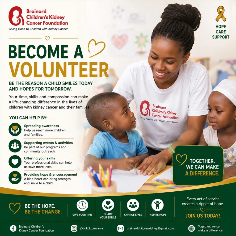 BCKCF 'Become a Volunteer' flyer showing a volunteer supporting two children, with ways to help the foundation.